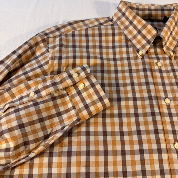 JOS A BANK Traveler's Gingham Check Button‎ Down Shirt Mens L Brown Tan White - Picture 2 of 14
